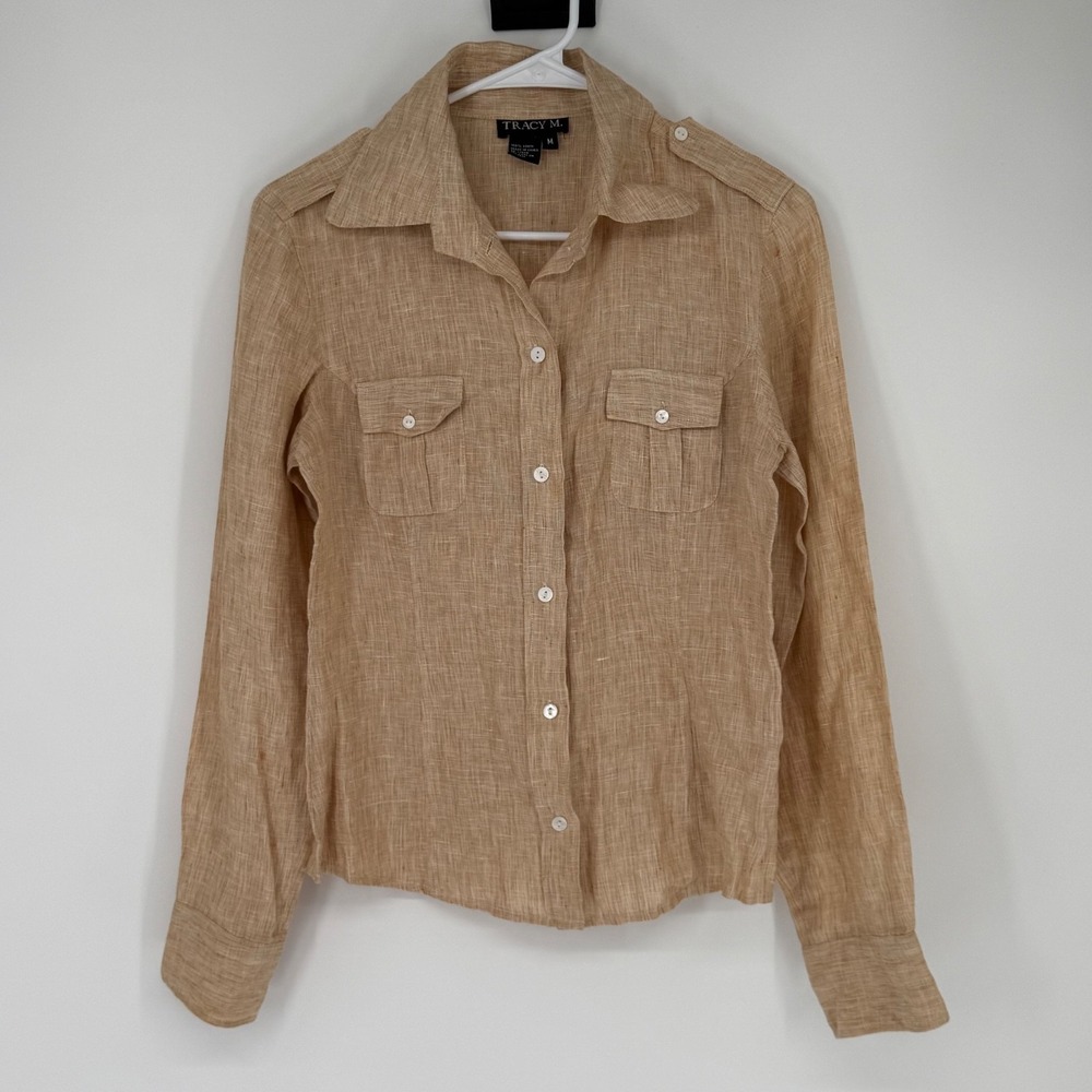 Tracy M Top Women's 100% Linen Medium Tan Neutral Beige Lagenlook Beach Coastal